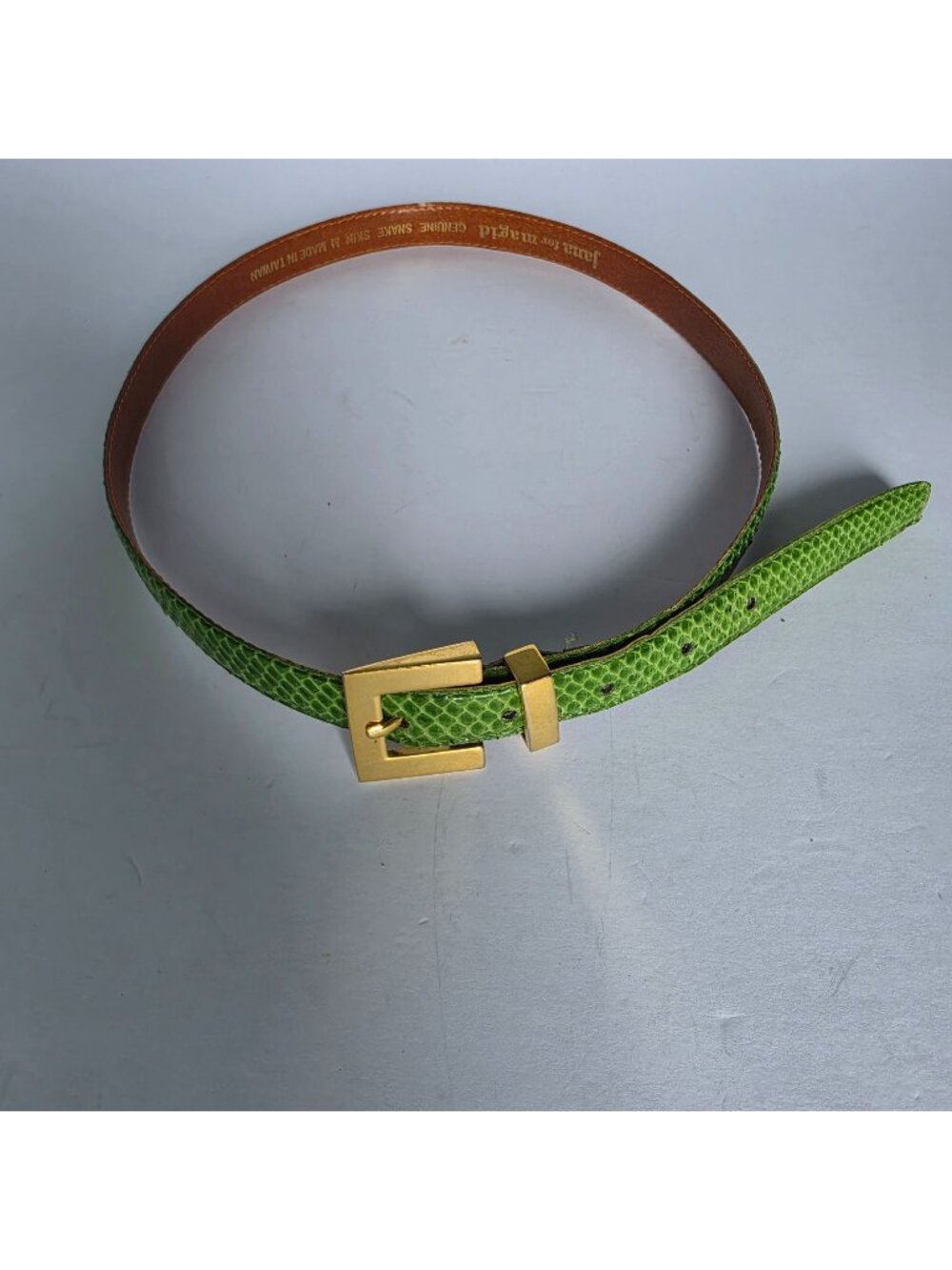 Vintage Jana for Magid M Green Genuine Snakeskin Belt Gold Buckle Made Taiwan